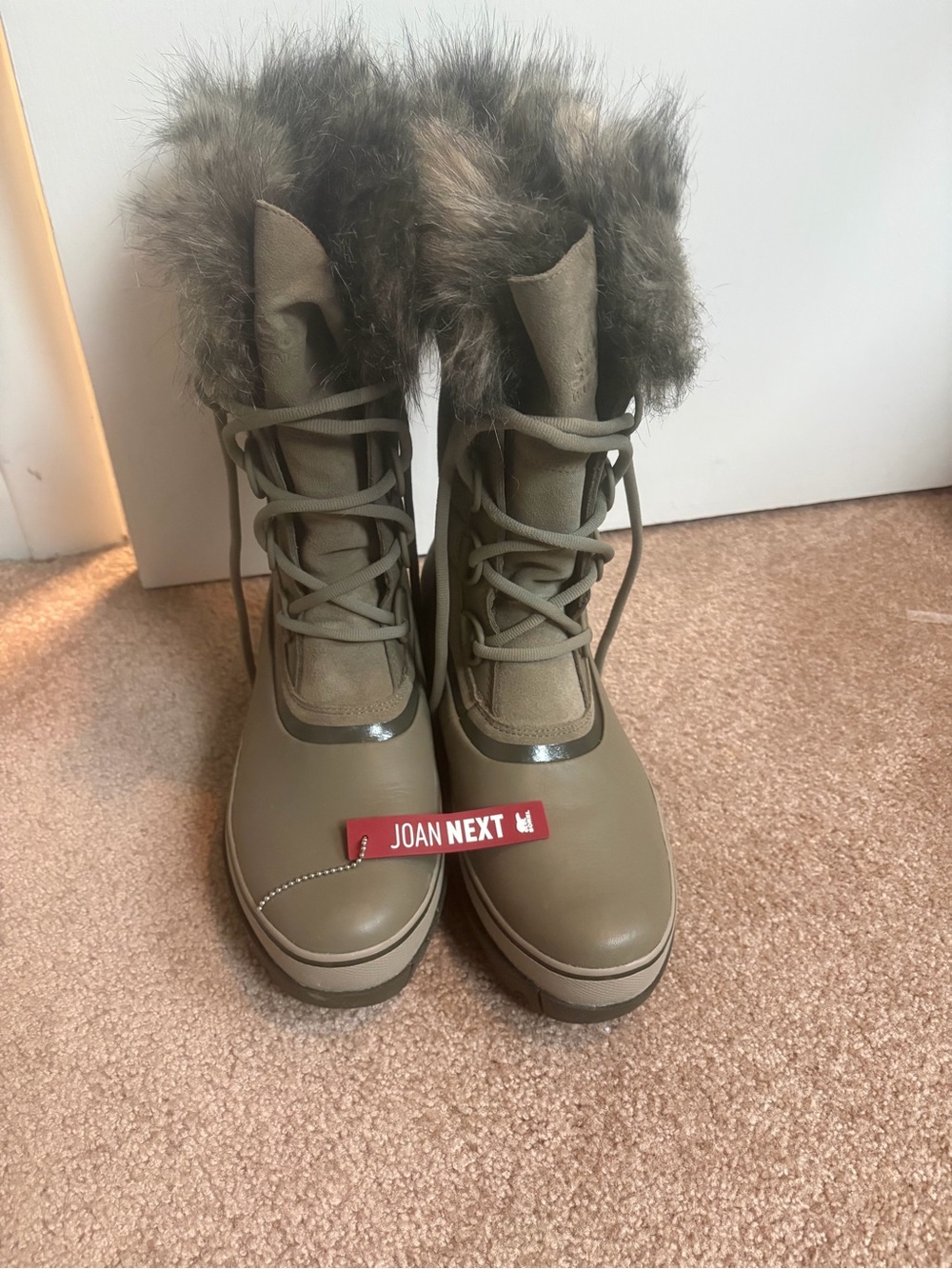 Sorel Joan Next Olive Green Faux-Fur Lace-Up Winter Boots